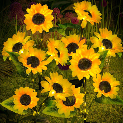 4-Pack Solar Sunflower Garden Decor, 12 LED Flower Stake Lights - Waterproof Lon
