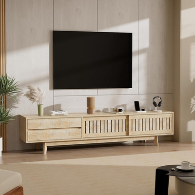 Mid Century Modern 85'' TV Stand with Storage & Power Outlet, Natural Finish