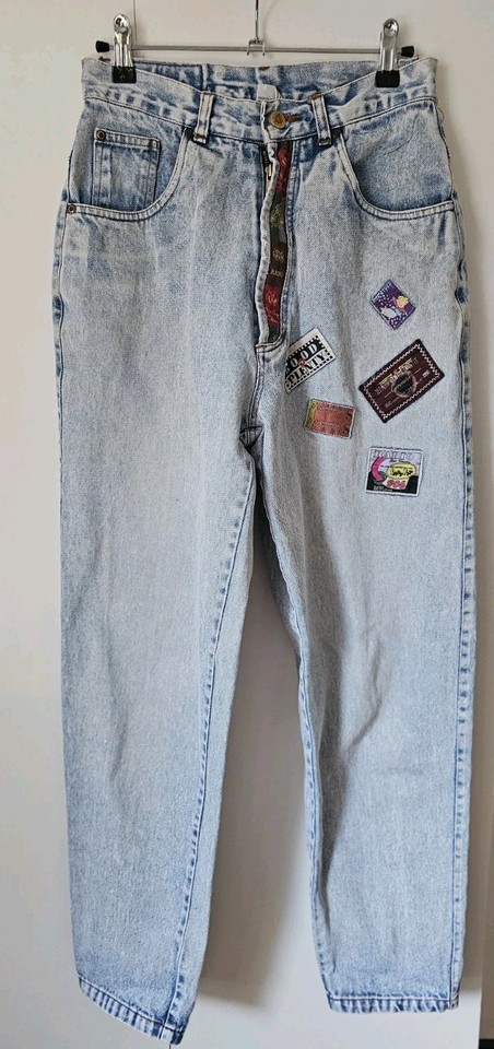 Vintage Blanc Bleu Women's Mum Jeans High Rise Acid Wash Size 12 Novelty Patches