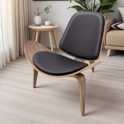 Mid Century Modern Lounge Shell Chair Sessel Akzentstuhl Lederkissen Massivholz