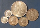 LOT 6 US SILVER COINS 1921 MORGAN SILVER DOLLAR 1944 HALF $ 2 QUARTERS ETC