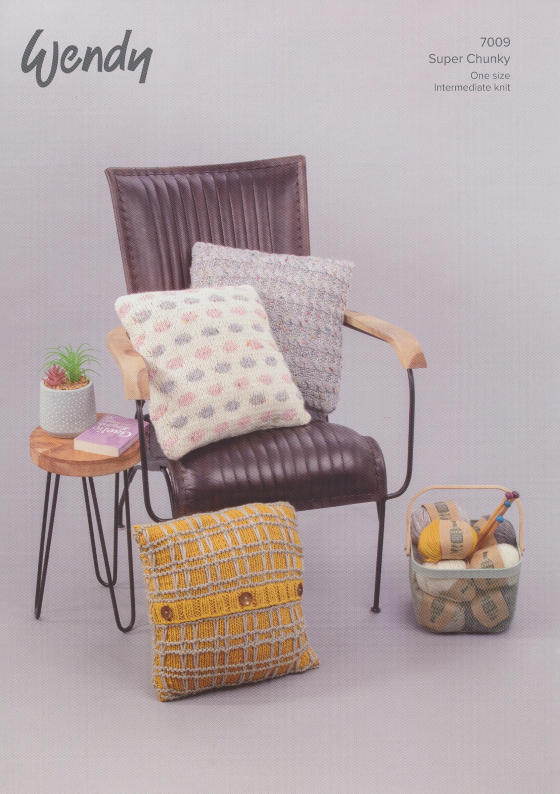 Knitting Pattern Cushion Cover Mock Tartan Spot or Cable Wendy Super Chunky 7009