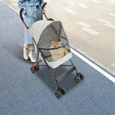 Pet Dog Stroller Travel Carriage 4 Wheels With Cup Holder & Rear Pocket, Gray