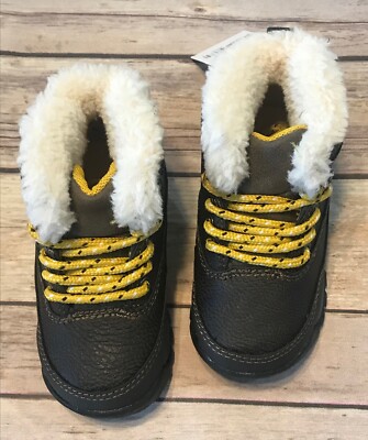 New Carters Dark Brown/Yellow Lace Up Boots Spike2 Toddler Size 6 6T Sherpa Trim