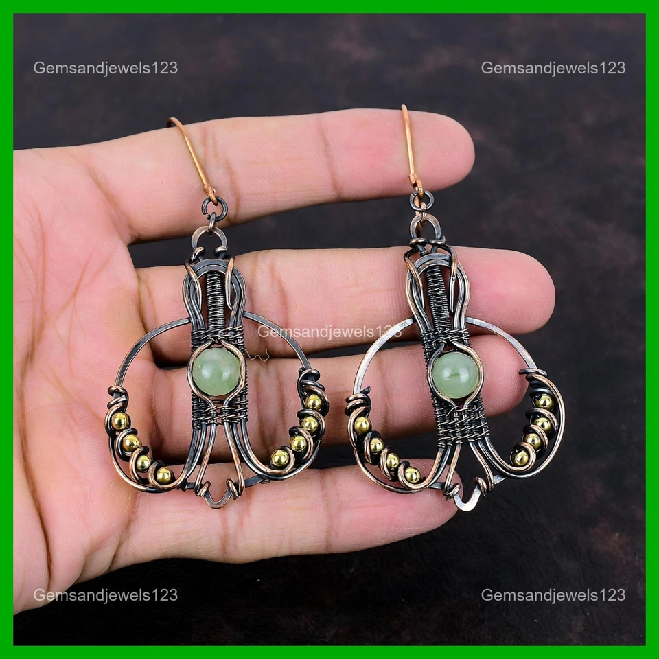 Mothers day Sale Prehnite Stone Copper Dangle Drop Wire Wrapped Earrings Jewelry - Image 3 of 4