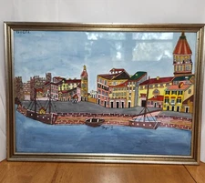 EMERIK FEJES Serbian Naive Art Framed Original Gouache on Paper Trogir Croatia