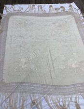 Antique VTG Large Silk Floral Embroidered Piano Shawl Crochet Fringes 69  x 64  