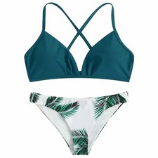 Women's Swimsuit Leaf Print Padded Bathing Suits Adjustable Straps Bikini Set