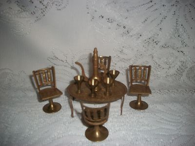 VINTAGE 10PC MINIATURE BRASS DINING SET TABLE CHAIRS WITH ORNATE