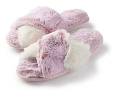 Womens Slippers Pink And White Crisscross Fur Slides Size US 8.5 - 9 Roxoni