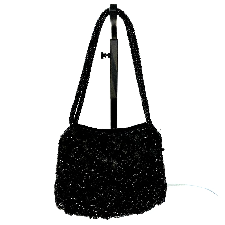 黑色串珠单肩包钱包 La Regale 带标签 复古 20 世纪 80 年代正式 Cocktai NOS — 第 2/4 张图片