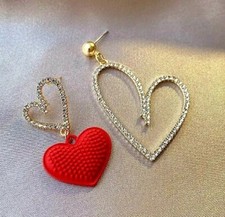 New Gold Rhinestone Textured Love Hearts Valentine's Earrings