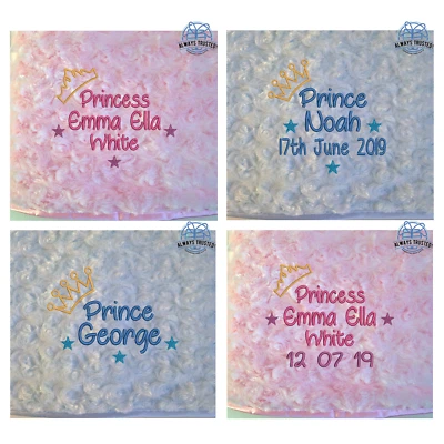 PERSONALISIERTE BABYDECKE ROSEBUD PRINZ PRINZESSIN BLAU ROSA JUNGE MÄDCHEN GESCHENK