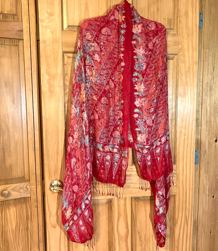 Nadisuari Batik Co Multicolor Batik Silk Scarf Wrap Bali Indonesia 75 x 35 in - Picture 3 of 10