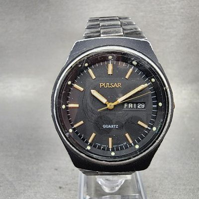 #ad #ad Seiko Pulsar Watch Men 37mm Black Dial Black Tone Daydate V533 7A10 New Battery $25.49