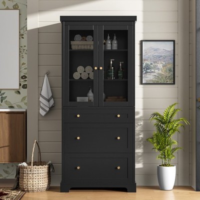 Tall Bathroom Cabinet W 2 Adjustable Shelves 3 Drawers Soft Close Glass Doors