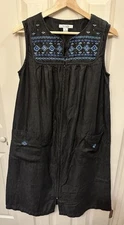 Go Softly Patio Black Denim Embroidered Sleeveless Zip Dress 100% Cotton Size S