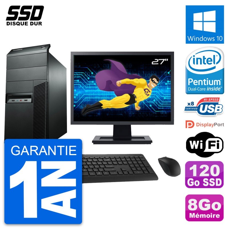 PC Tour Lenovo M92p Ecran 27" Pentium G2020 RAM 8Go SSD 120Go Windows 10 Wifi