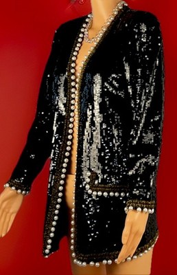 CACHE -EXQUISITE BLACK SEQUIN GOLD BEAD-WHITE PEARL JACKET  Pre-Loved Small $349