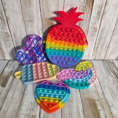 5pc Rainbow Pop Fidget Toy Set Pineapple Purse Heart Popsicle Sensory Toys