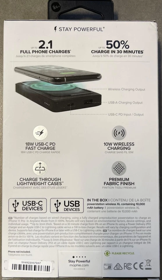 mophie powerstation Wireless Power Delivery  XL 10K Black Large Internal Battery - Image 2 of 2