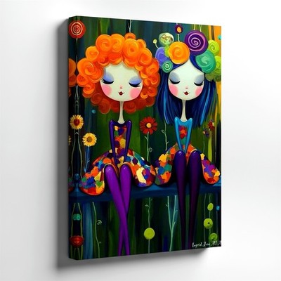 Canvas Storybook Girls Colorful Flower Folk Portrait Painting Gallery Print