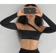 Black Long Sleeve Crop Top Off the shoulders Size M
