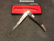 Cuchillo de bolsillo plegable Winchester raro palillo de dientes curvo 1924 '87 con caja negra EE. UU.