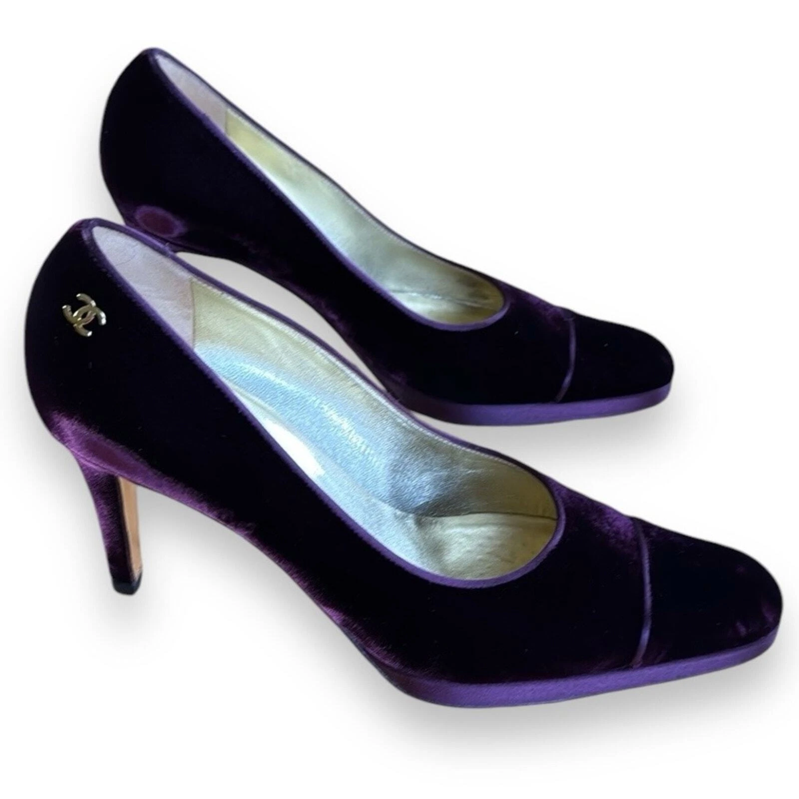 Splendido tacco CHANEL velluto bordeaux viola vino tg 40 velluto CC ad incastro