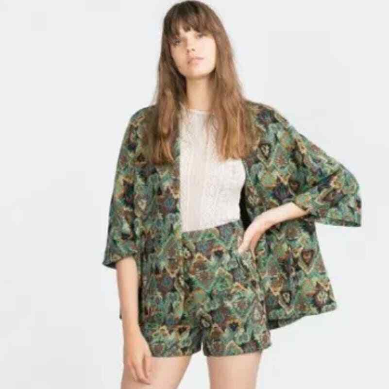 Zara Open Front Jacket Jacquard Green Multicolored Size