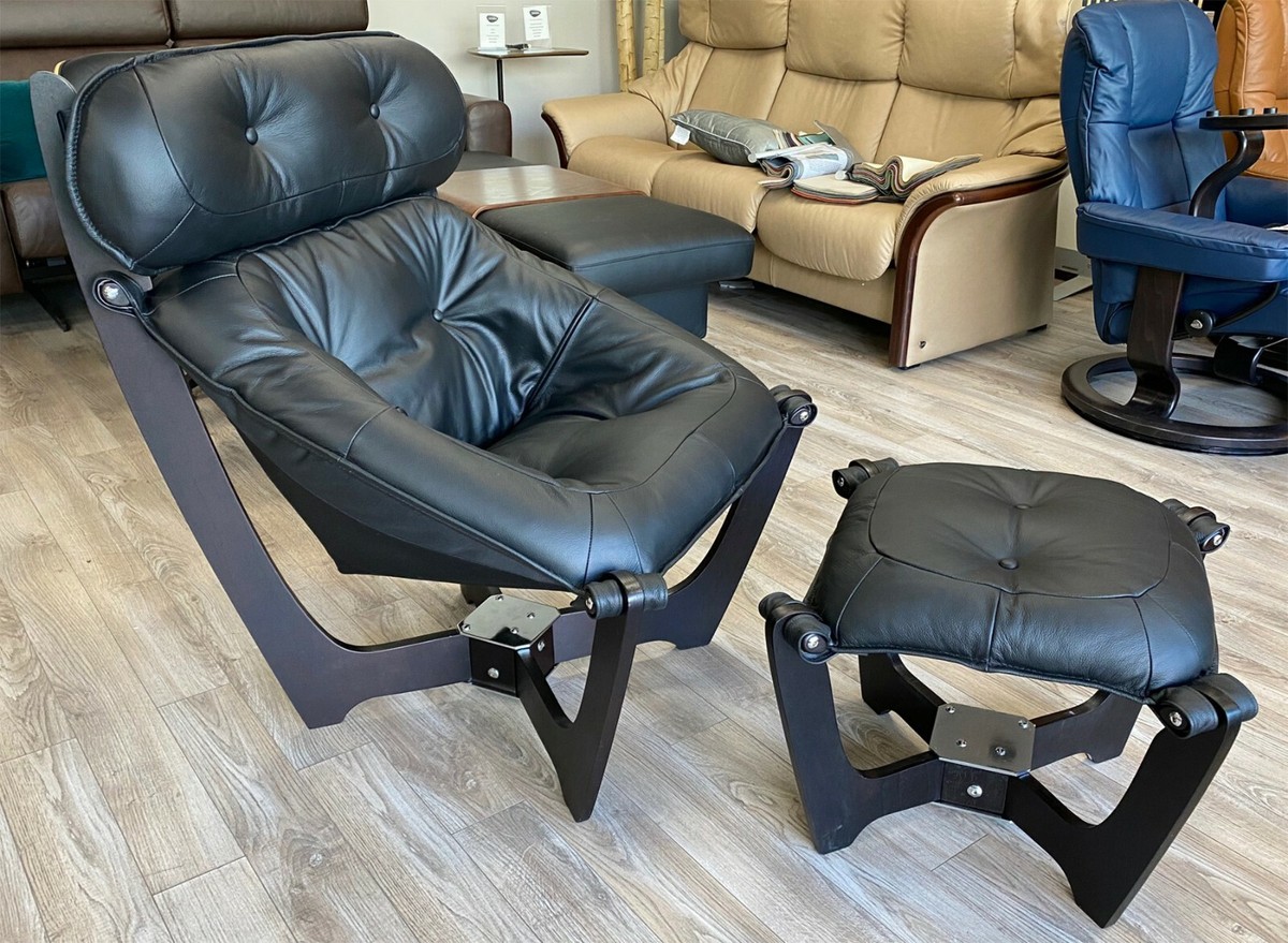 IMG Luna High Back Chair and Ottoman in Prime Black Leather