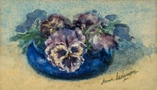 Antique Dutch Watercolor, 2 Sides, Flowers/Portrait, Signed Anna Lehmann