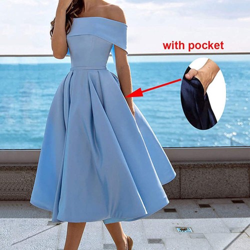 Women's Fashion Casual Strapless Satin Party Dress Off The Shoulder Tea Length S - Picture 3 of 106