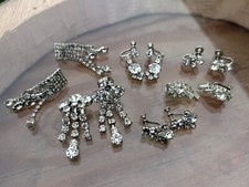 SPARKLING Vintage Silver Tone Clip on Screw Back Earring Lot White Rhinestone