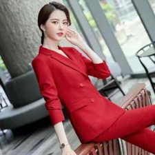 Elegante Tailleur completo donna pantaloni lunghi giacca rosso amplia 3786