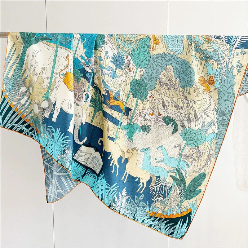 Animals Print Pure Twill Silk Wrap Scarf Bandana 53" Large Square Shawl Kerchief