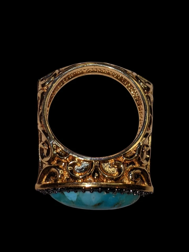 Винтажное золотистое кольцо с бирюзой и черными стразами размер 11 стиль ар-деко - Изображение 3 из 4