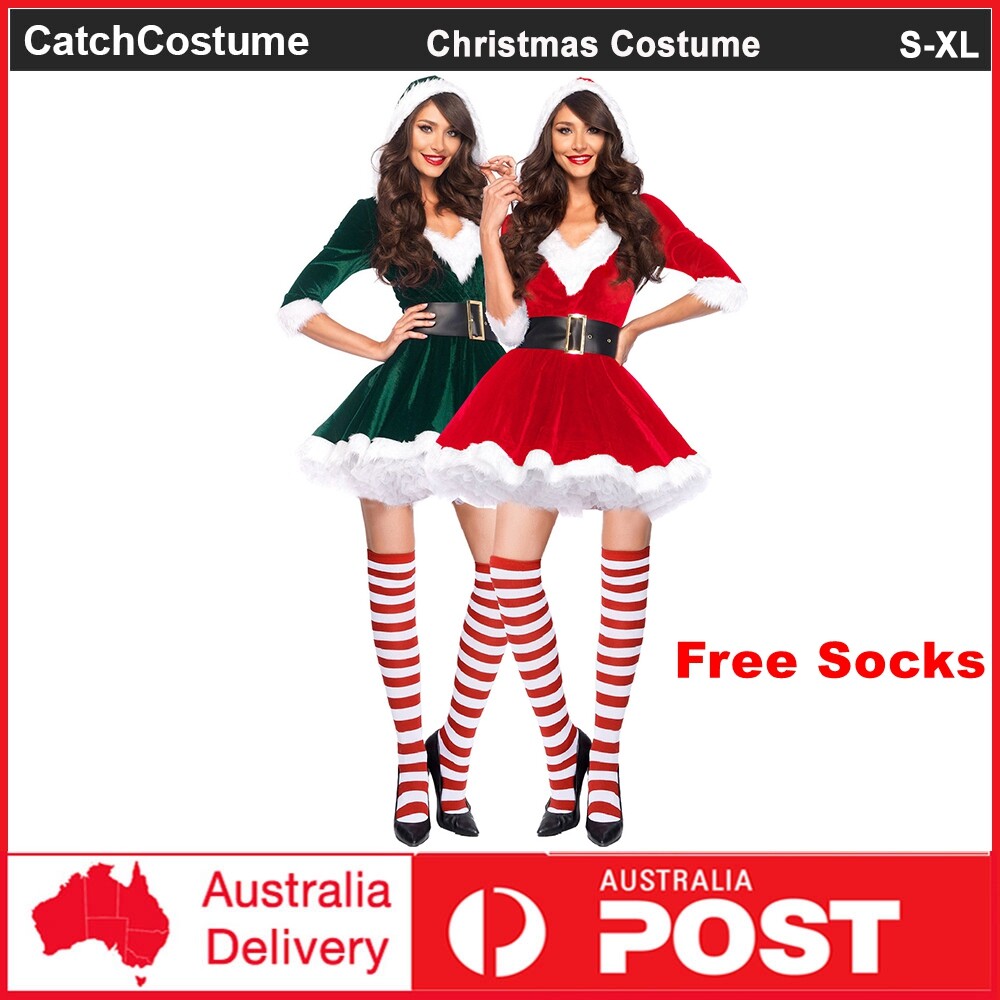 Mrs Miss Santa Claus Costume Outfit Ladies Womens Christmas Dress with Socks