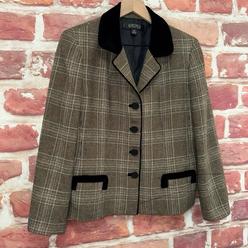 Kasper Jacket Womens 12 Petite Multicolor Plaid Velvet Velour Trim Casual Career - Image 2 of 4