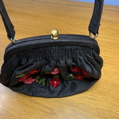 Talbots Handbag Evening Party Black Embroidered Both Sides Silk 7 Inch - Picture 4 of 9