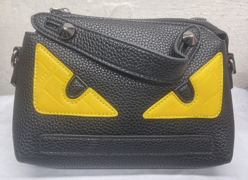 Leather Handbag Black Pebbled Leather Monster Eyes 8x6x3.5" - Picture 6 of 6