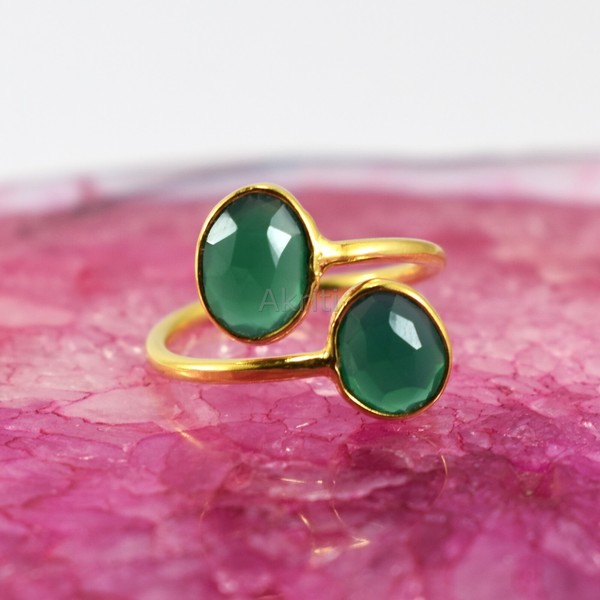 Alternate view of Good Health Double Green Onyx 925 Sterling Silver Ring Gold Plated Handmade