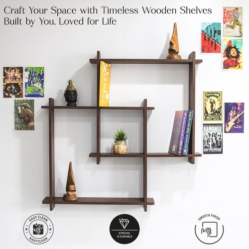 Modern Wooden Wall Shelf - Intersecting Grid Design - Floating Storage - Picture 7 of 16