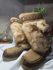 Vtg 1990s Cougar Yada Yada Tan/brown Suede Faux Fur Muk Luk Winter Boots  W 7 M