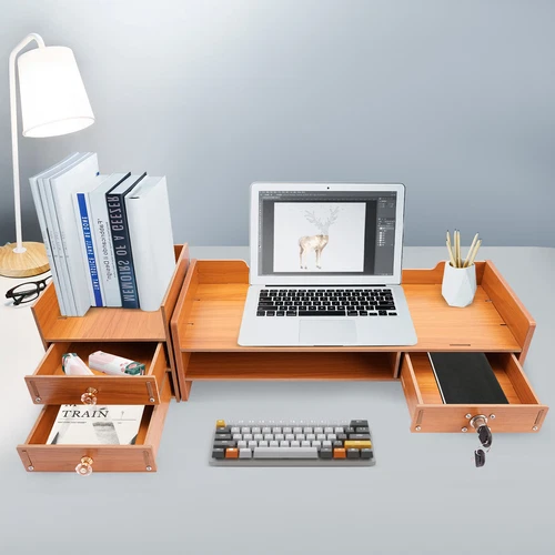 Monitorständer Holz Schreibtischaufsatz Monitorerhöhung Organizer mit Schubladen