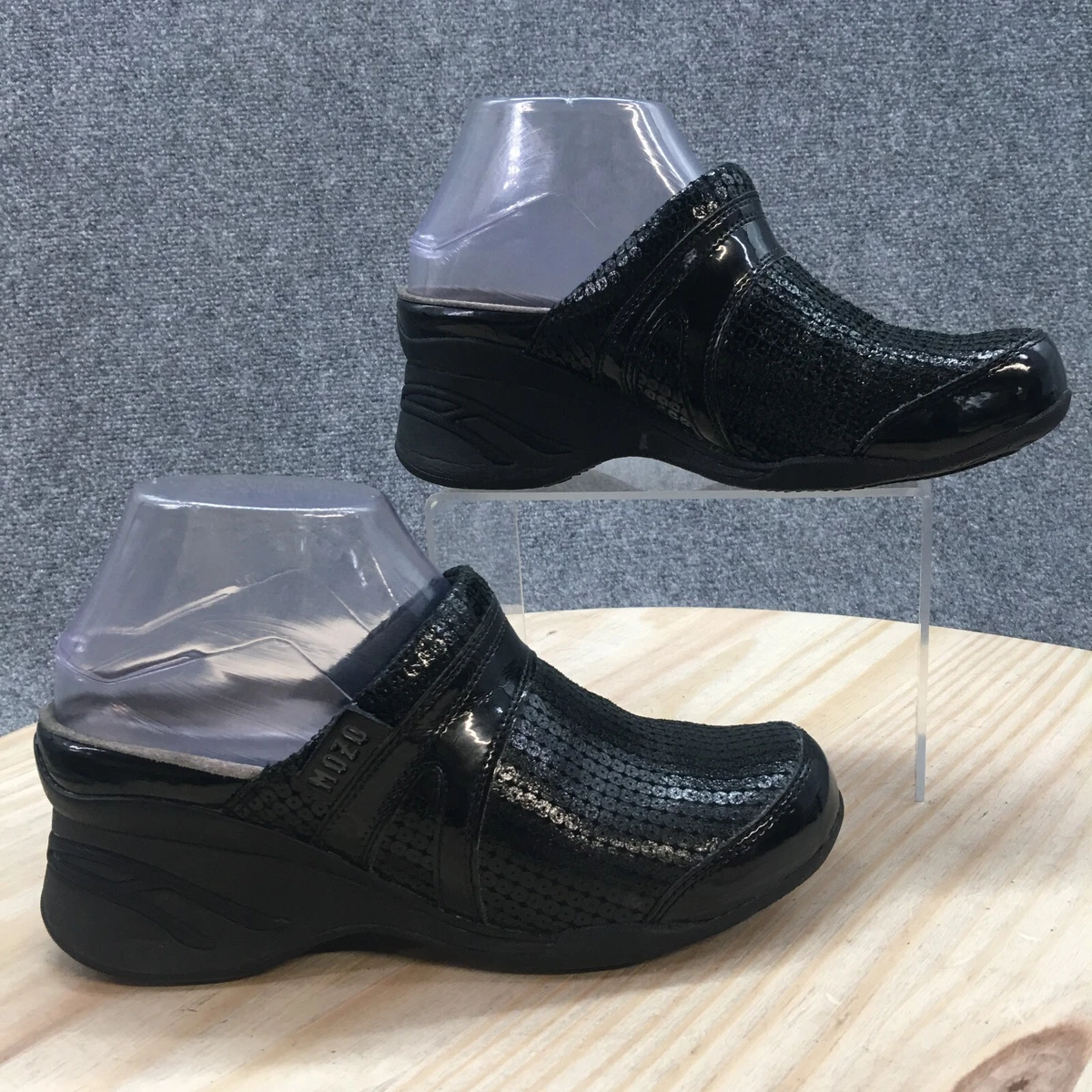 Mozo Shoes Womens 6.5 Slip On Clogs Mules Black Leather Sequins
