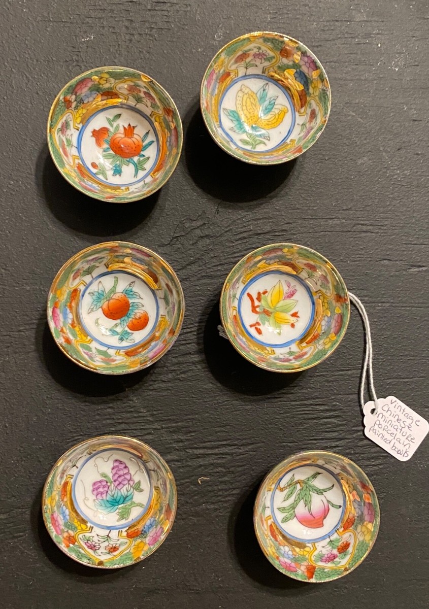 Vintage Japanese Miniature Porcelain Painted Bowls Set of 6