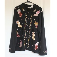 B P Design Size XL Black Embroidered Beaded Christmas Cardigan Sweater Vintage