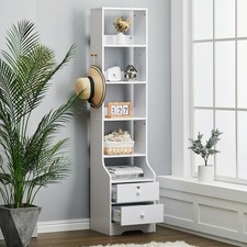 174cm Tall Bedside Cabinet w Lockable Drawer Side Hook 5-Tier White Storage Unit