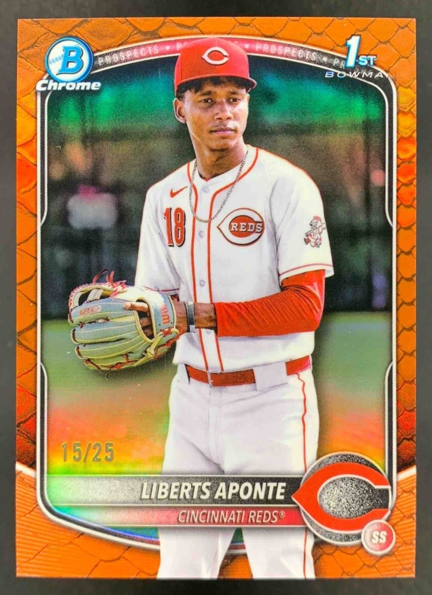 Liberts Aponte 2025 Bowman Chrome Reptilian Orange Refractor 1st Prospect /25